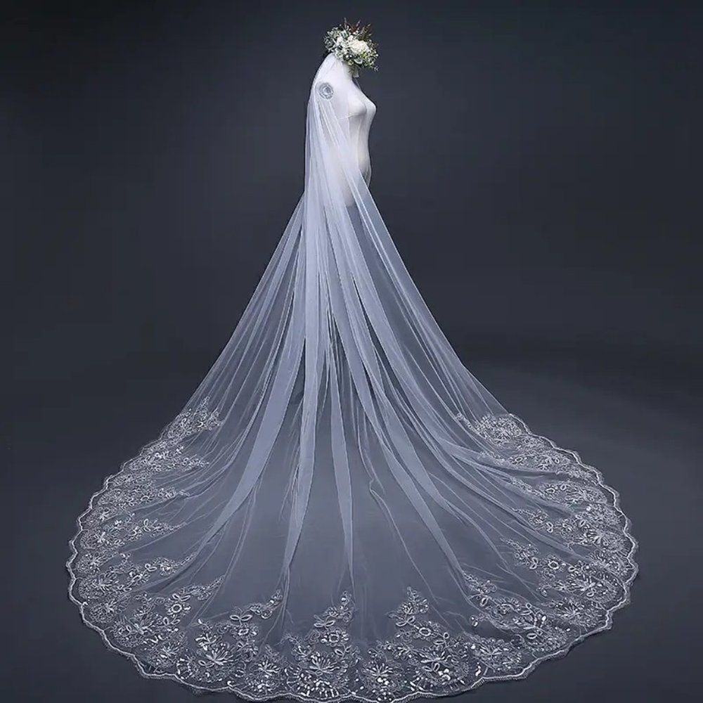 Floral and Sequin Cathedral Bridal Wedding Veil With Comb Ivory Veil White Veil - Picture 4 of 8